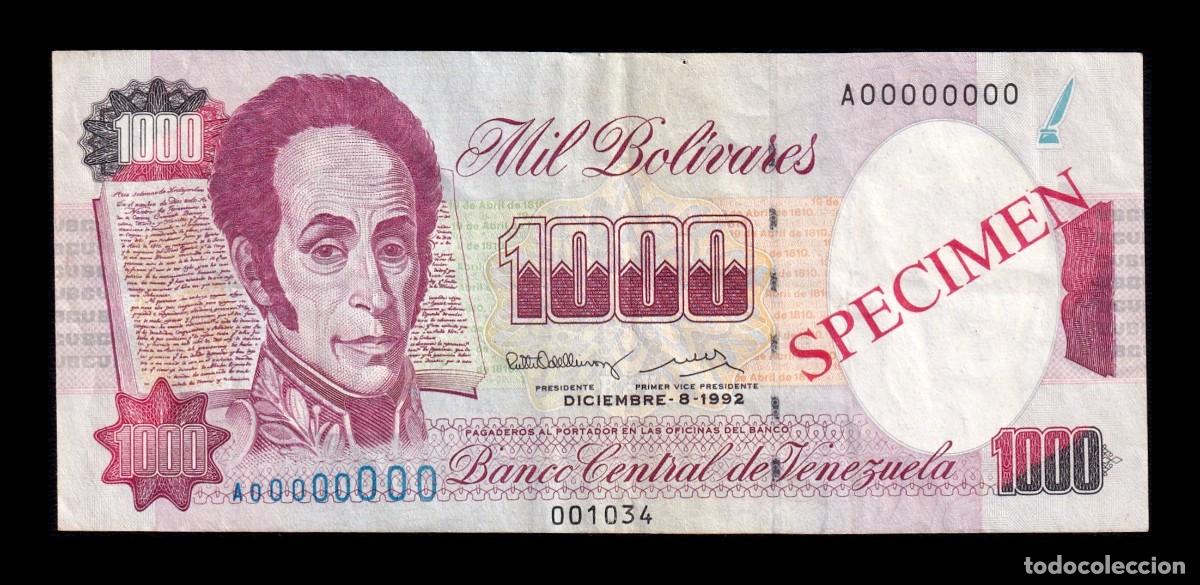 Billetes extranjeros: Venezuela 1000 Bol&iacute;vares Sim&oacute;n Bol&iacute;var 1992 Pick 73s Speciman Mbc/Ebc Vf/Xf