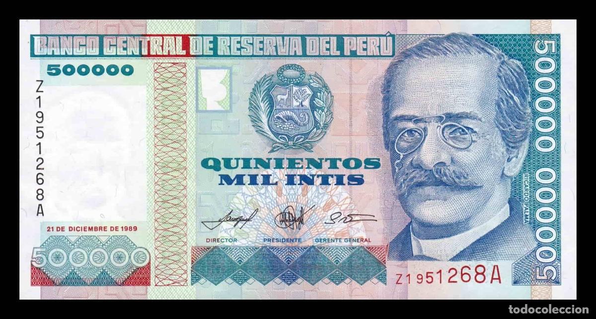 Billetes extranjeros: Per&uacute; 500000 Intis Ricardo Palma 1989 Pick 147r Reposici&oacute;n Sc Unc