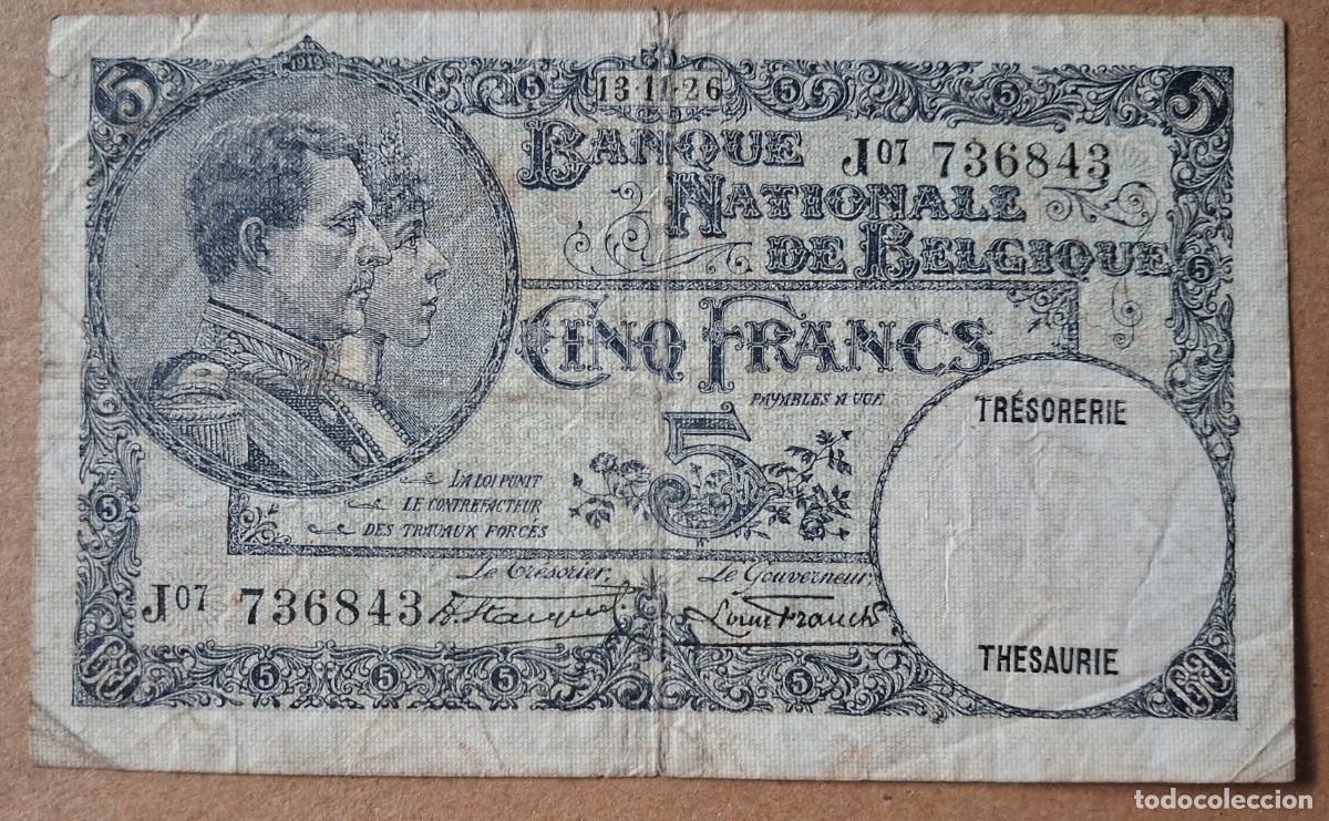Billetes extranjeros: B&eacute;lgica 5 francs 1926 pick 97B (BC+)