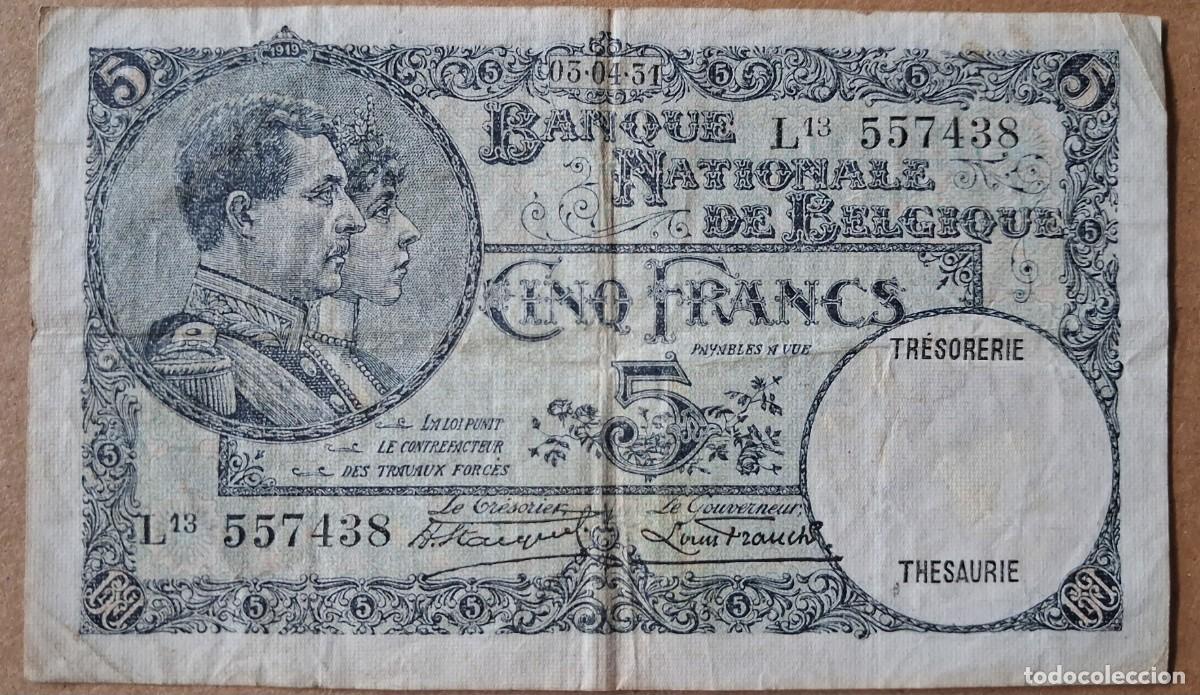 Billetes extranjeros: B&eacute;lgica 5 francs 1931 pick 97B (MBC-)