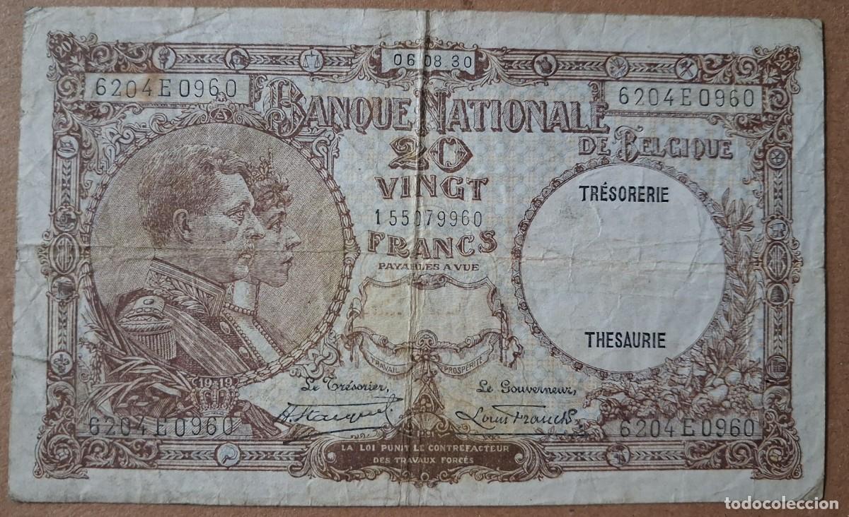 Billetes extranjeros: B&eacute;lgica 20 francs 1930 pick 98B (BC+)