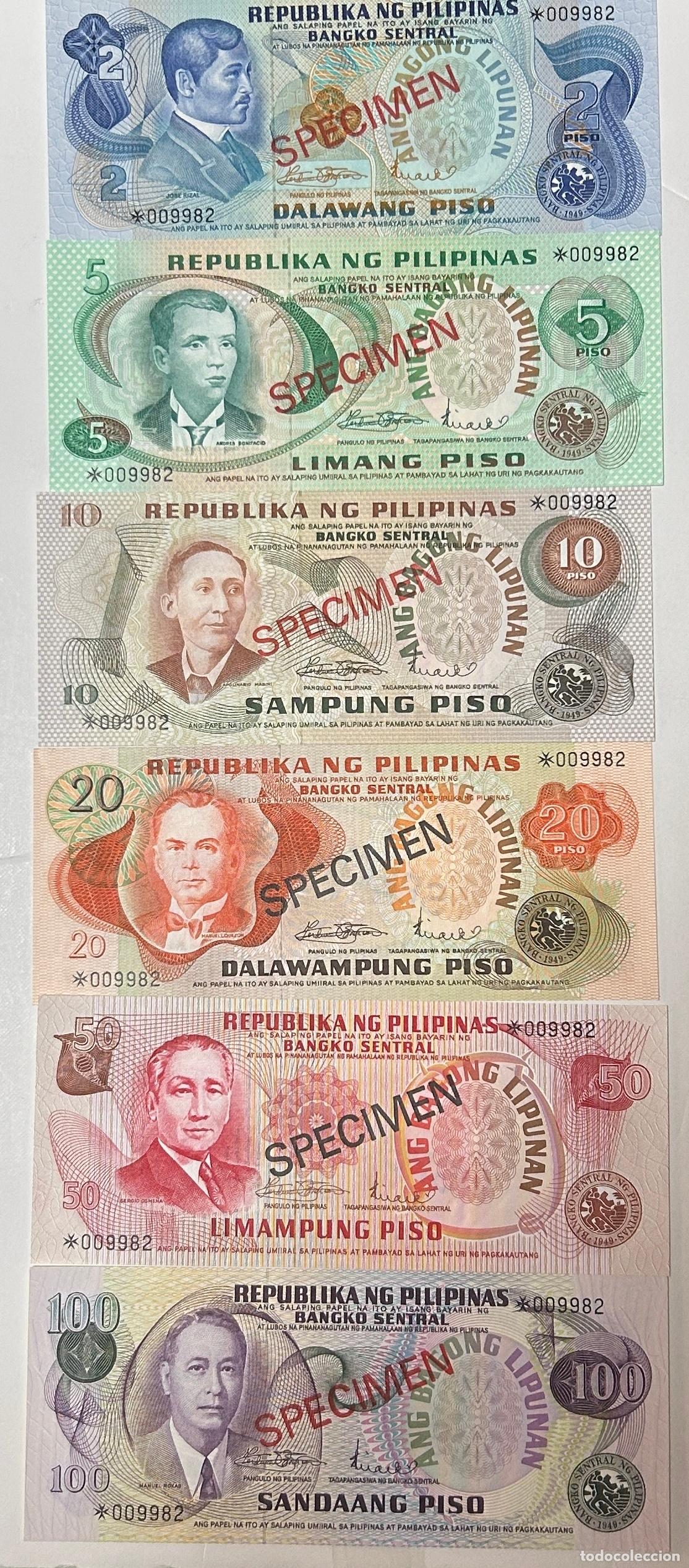 Billetes extranjeros: CRBX3444 SERIE BILLETES FILIPINAS 6 VALORES SPECIMEN MISMO NUMERO DE SERIE 1978 SIN CIRCULAR