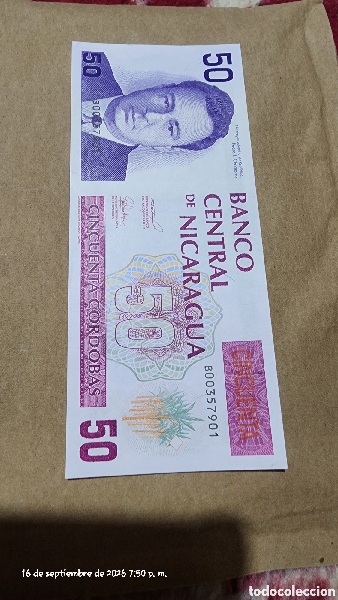 Billetes extranjeros: Nicaragua, 50 c&oacute;rdobas 1992 serie B unc rare