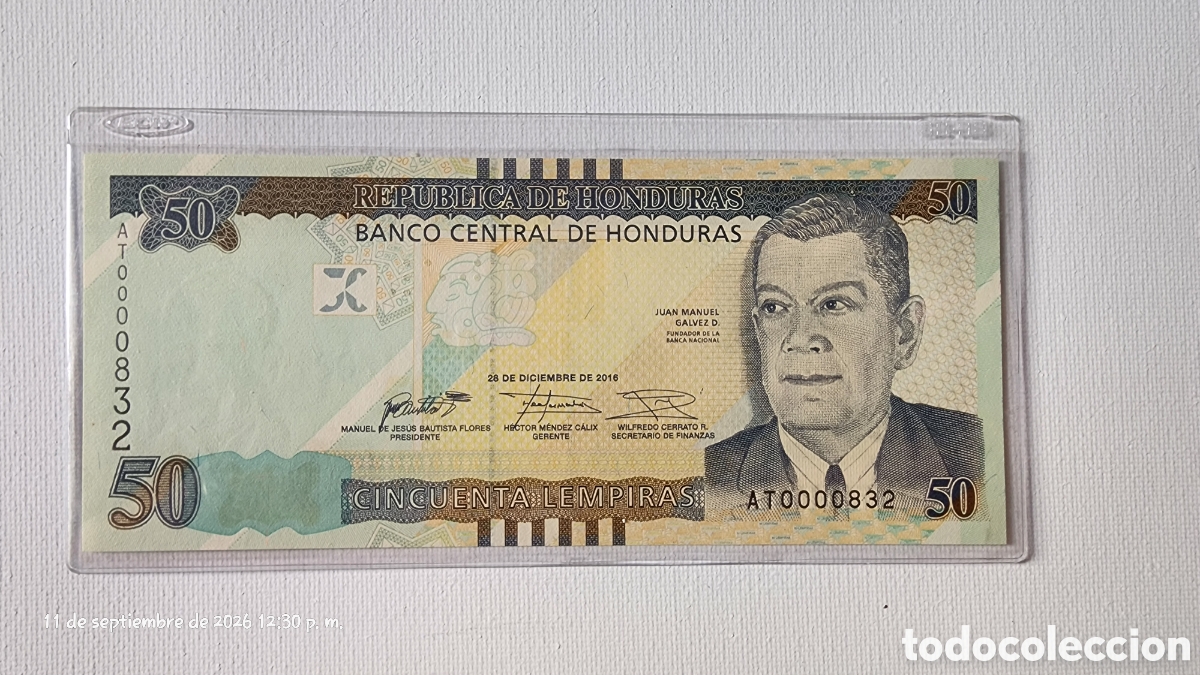 Billetes extranjeros: Honduras. 50 lempiras n&uacute;mero bajo