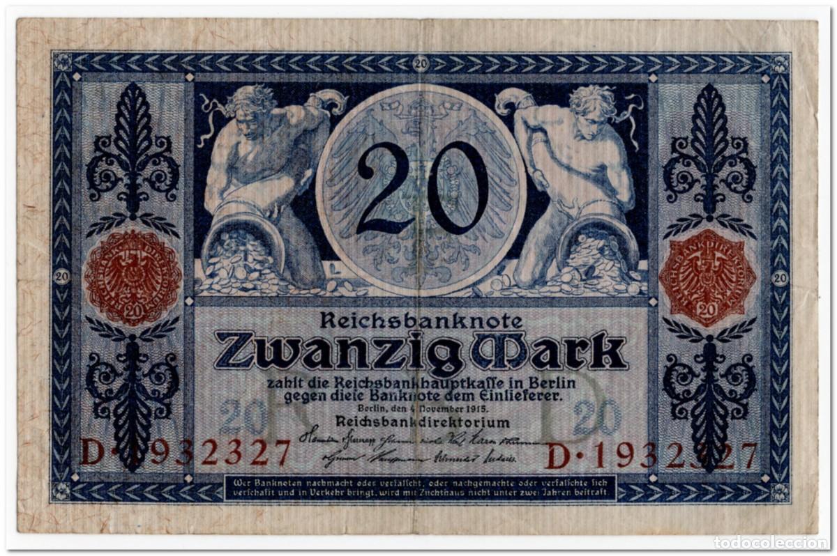 Billetes extranjeros: GERMANY,IMPERIAL BANK NOTE,20 MARK,1915,P.63,VF