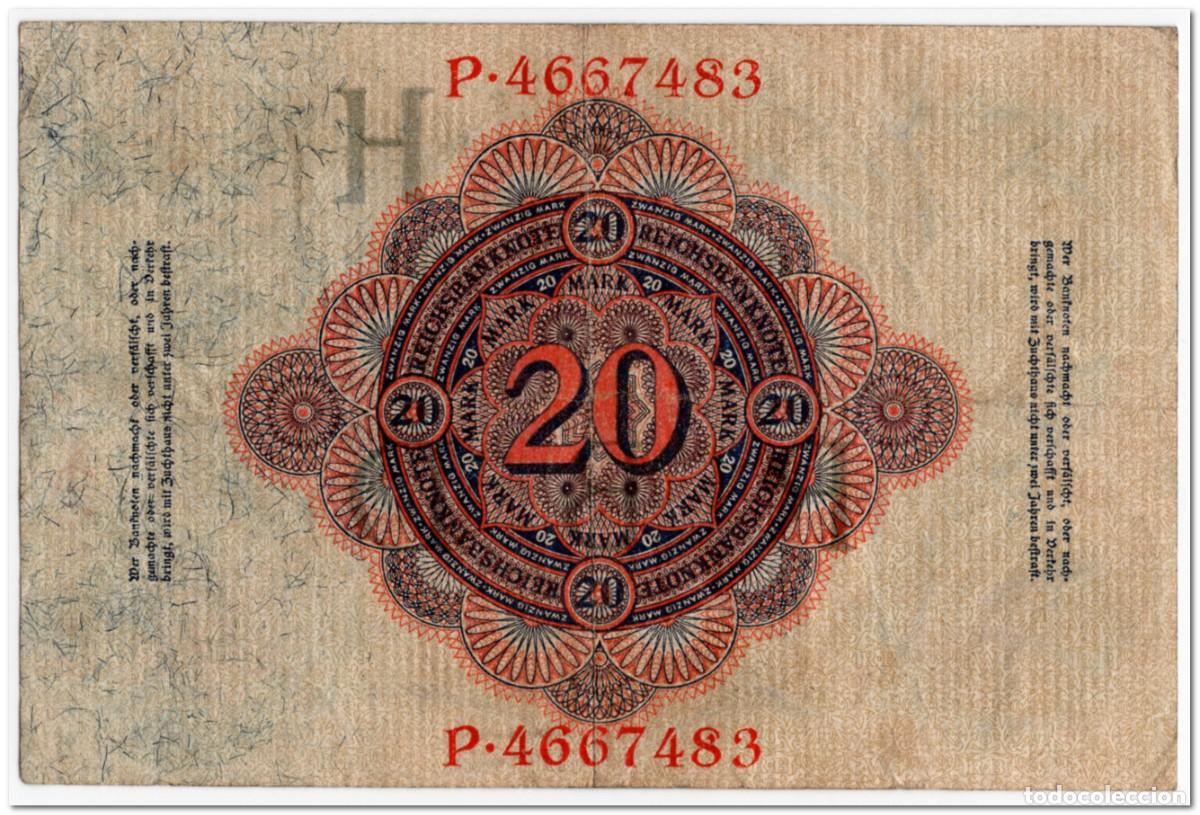 Billetes extranjeros: GERMANY,20 MARK,1914,P.46b,VF - Foto 2