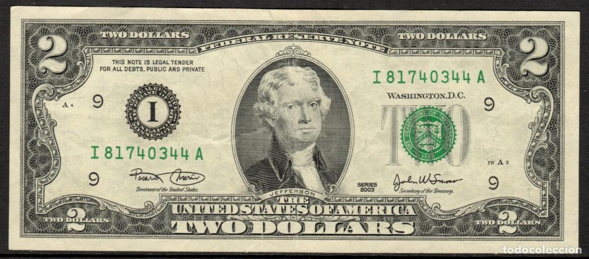 Billetes extranjeros: ESTADOS UNIDOS - 2 DOLAR - SERIE 2003 - JEFFERSON - USADO - MBC+ - MUY, MUY RARO