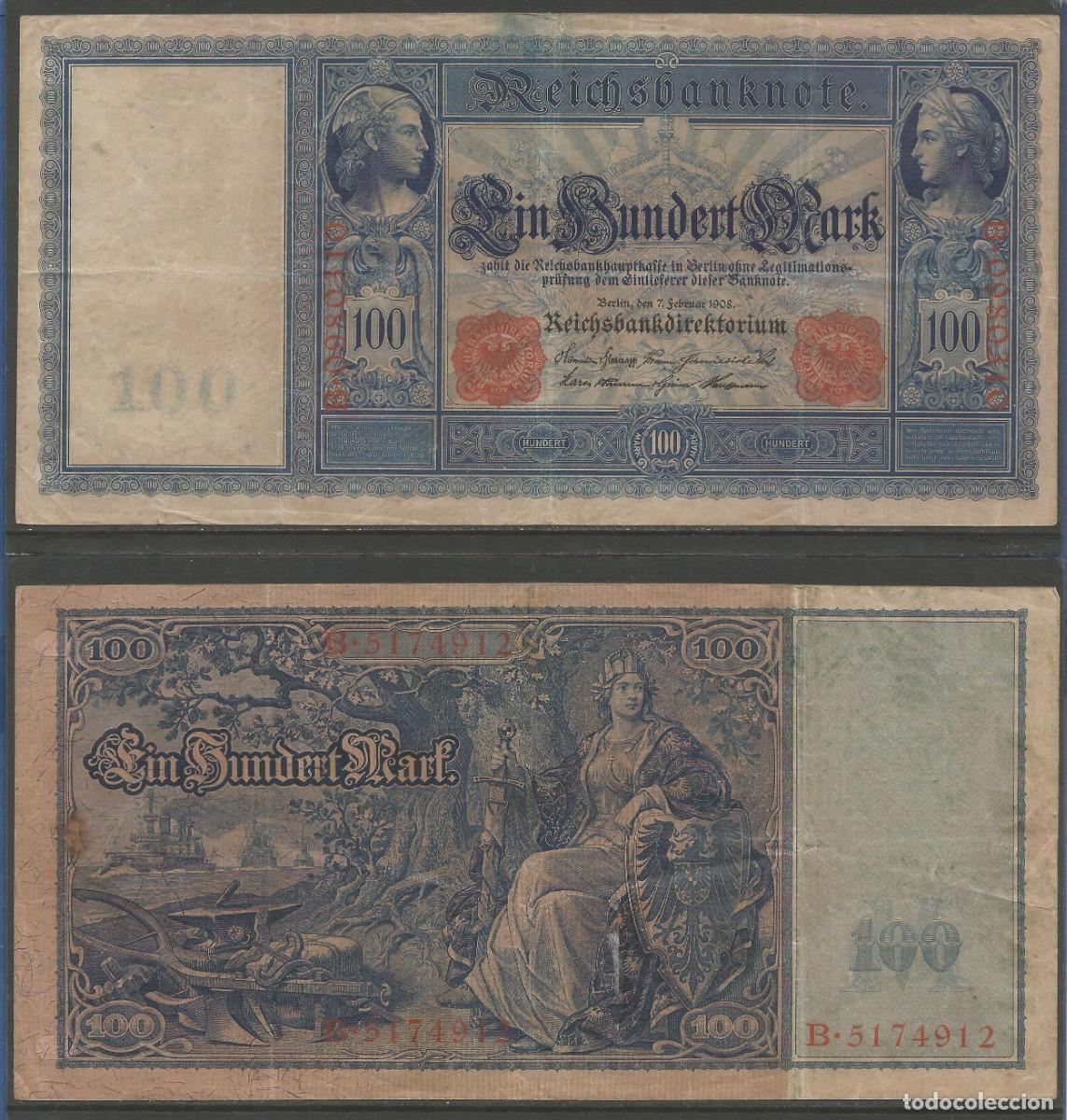 Billetes extranjeros: ALEMANIA - IMPERIO ALEM&Aacute;N 1908 - 100 MARCOS LARGO (FLOTTENHUNDERTER) - USADO