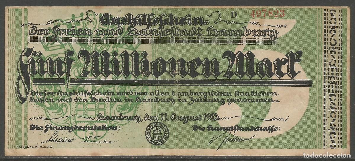 Billetes extranjeros: ALEMANIA - 5.000.000 MARCOS 1923 - CERTIFICADO DE TRABAJO TEMPORAL DE HAMBURGO - USADO
