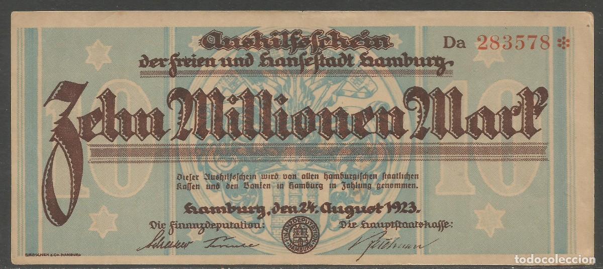 Billetes extranjeros: ALEMANIA - 10.000.000 MARCOS 1923 - CERTIFICADO DE TRABAJO TEMPORAL DE HAMBURGO - USADO
