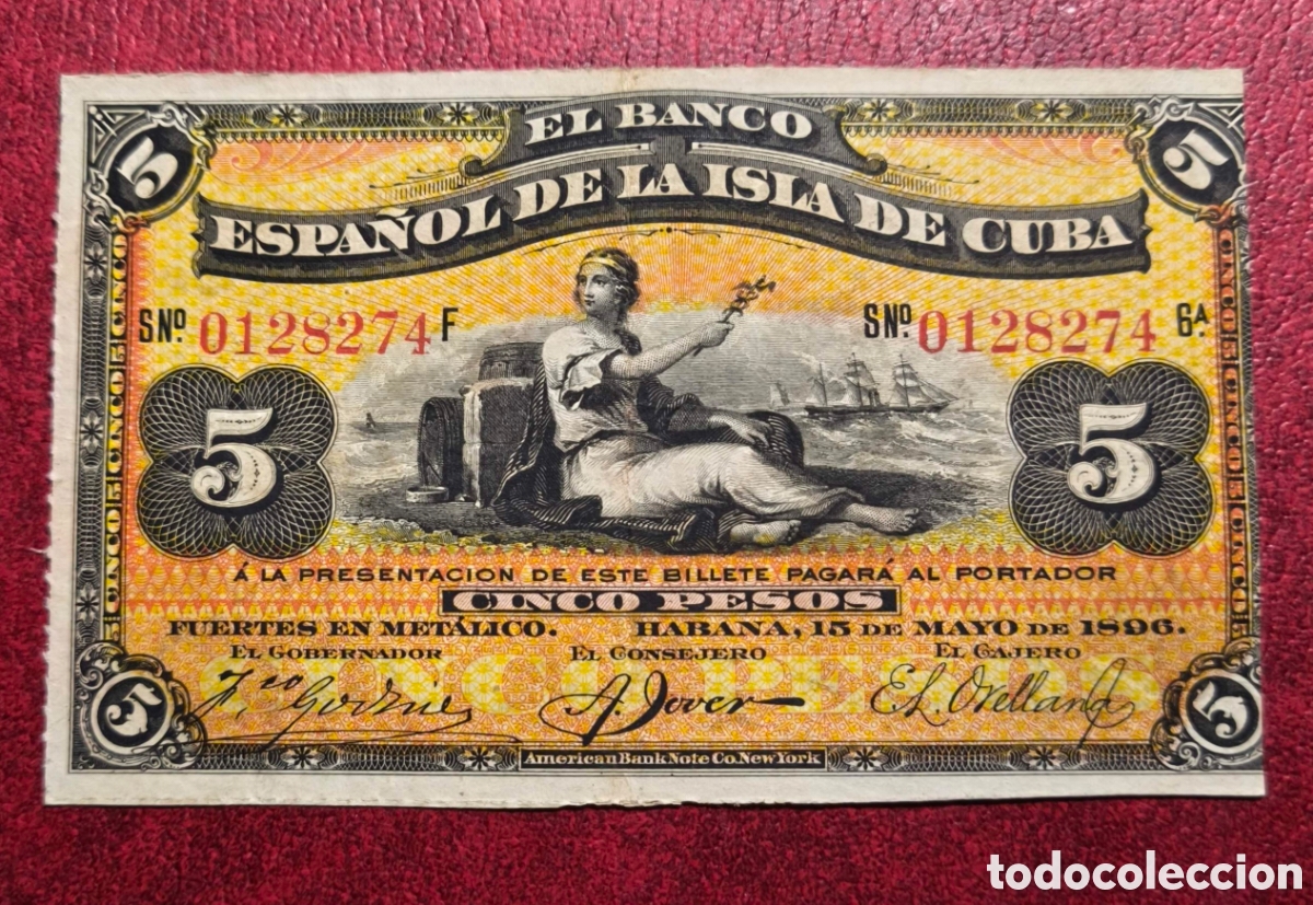 Billetes extranjeros: Cuba. 1896. Banco Espa&ntilde;ol. 5 pesos