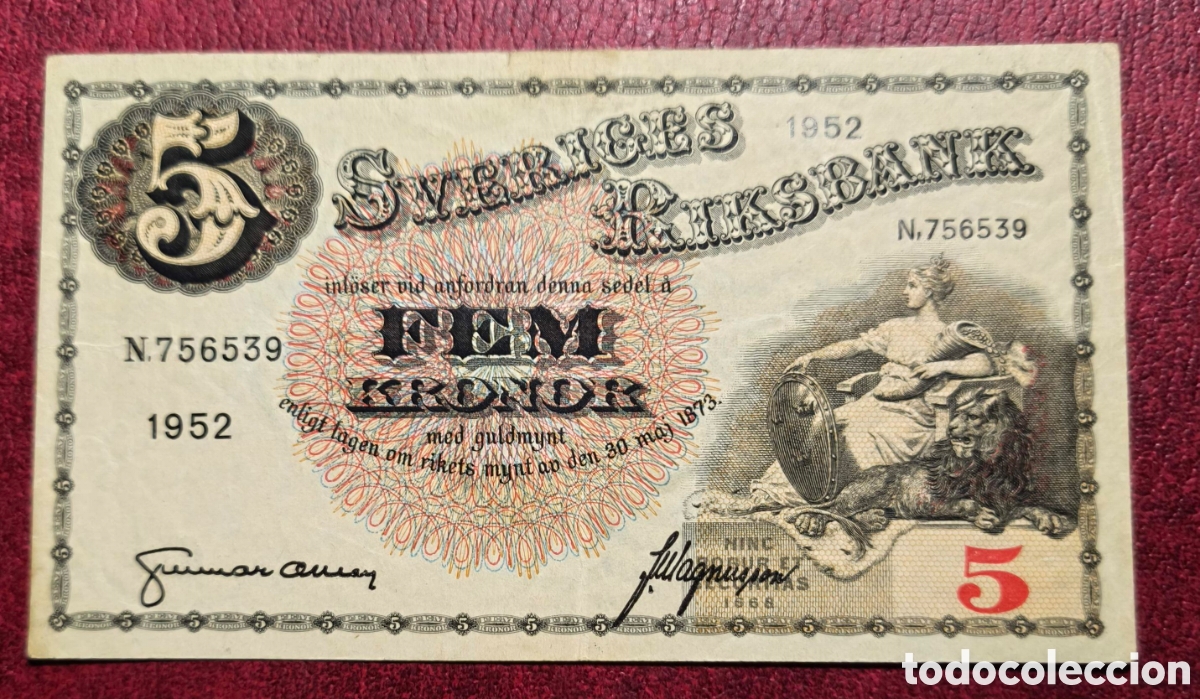 Billetes extranjeros: Suecia. 1952. 5 coronas - Foto 1