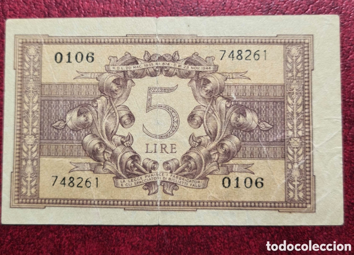 Billetes extranjeros: Italia. 1944. 5 liras - Foto 2
