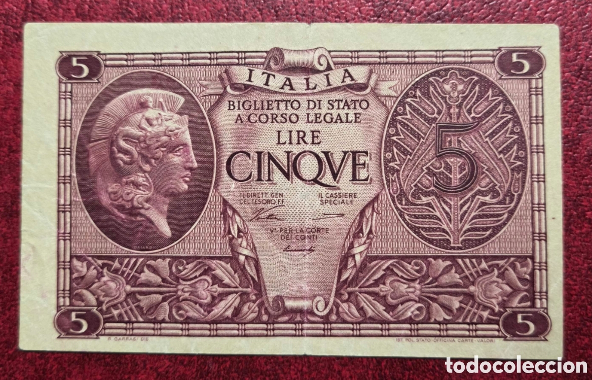 Billetes extranjeros: Italia. 1944. 5 liras - Foto 1