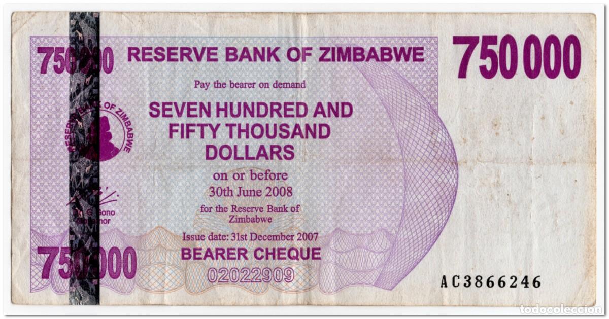 Billetes extranjeros: ZIMBABWE,750 000 DOLLARS,2007,P.52,VF