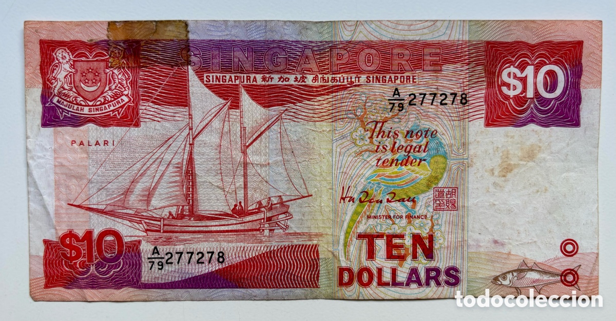 Billetes extranjeros: Billete SINGAPUR 10 Dolares (1988) Rotura. Dollars Singapore