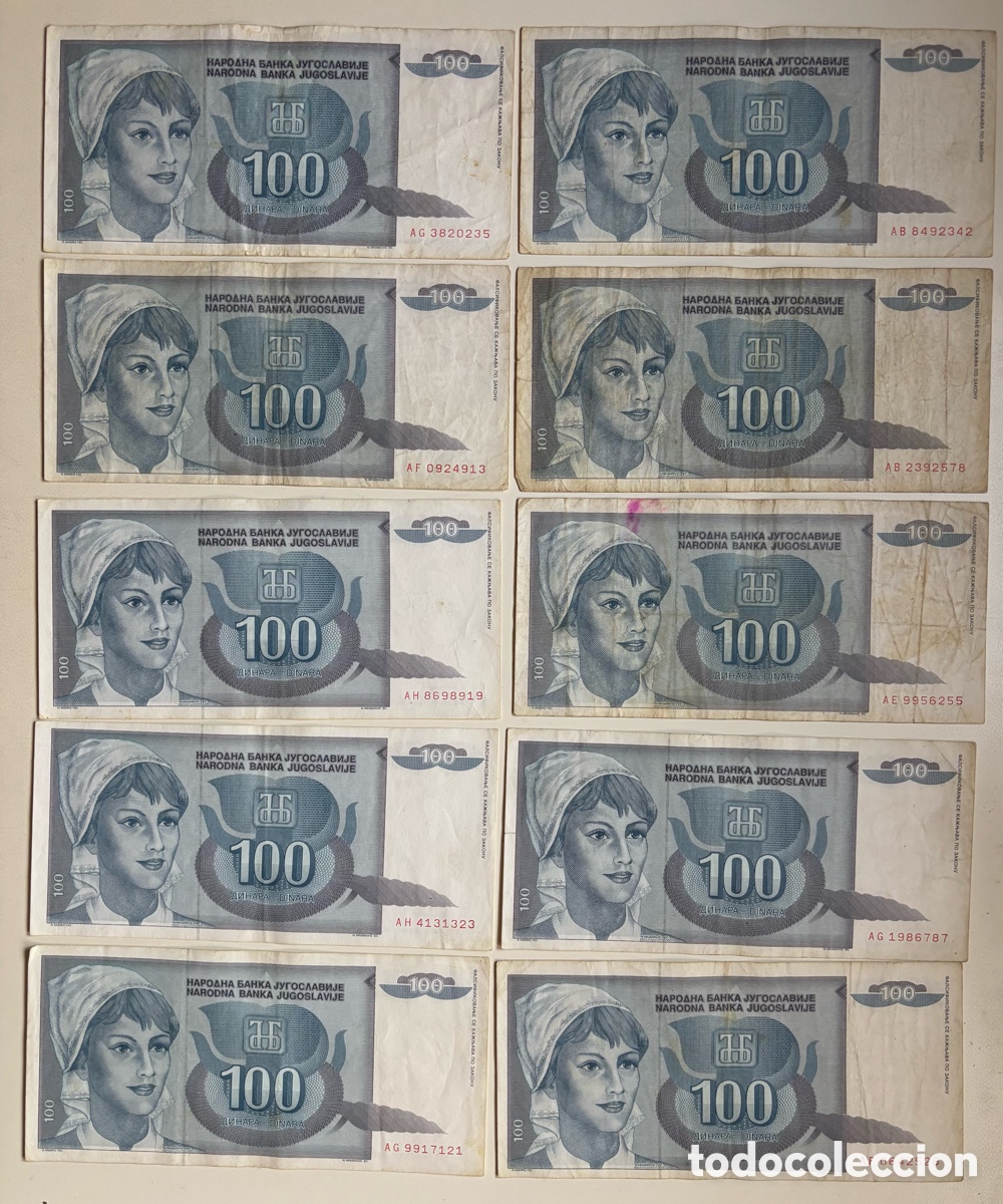 Notas Internacionais: Lote x 10 Billetes YUGOSLAVIA 100 Dinara 1992