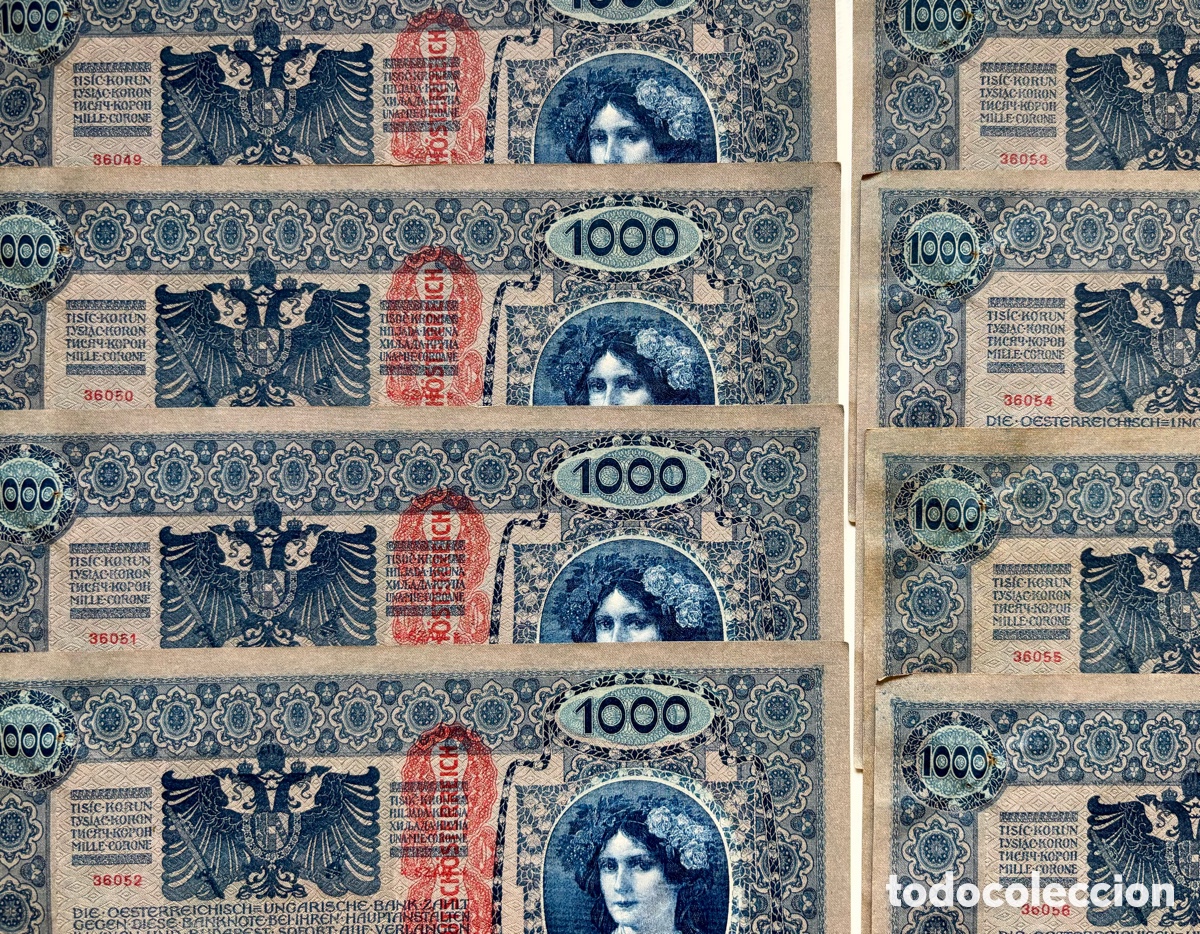 Billetes extranjeros: Lote x 8 Billetes AUSTROH&Uacute;NGARO 1000 Coronas 1902 Correlativos. Austria-Hungr&iacute;a Kronen