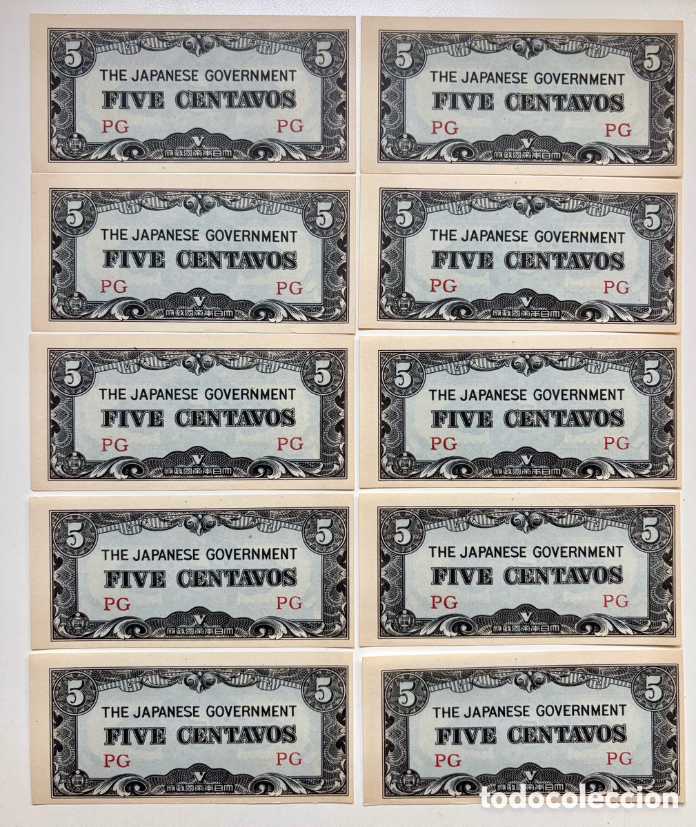 Billetes extranjeros: Lote x 10 Billetes FILIPINAS OCUPACI&Oacute;N JAPONESA 5 Centavos (1942) SC- . WWII Japanese Governament