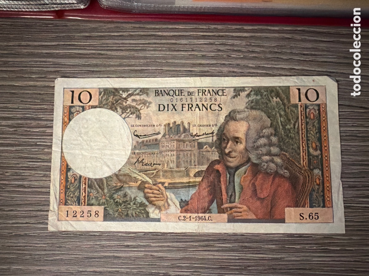 Billetes extranjeros: Francia &ndash; 10 Francos Voltaire &ndash; 1964