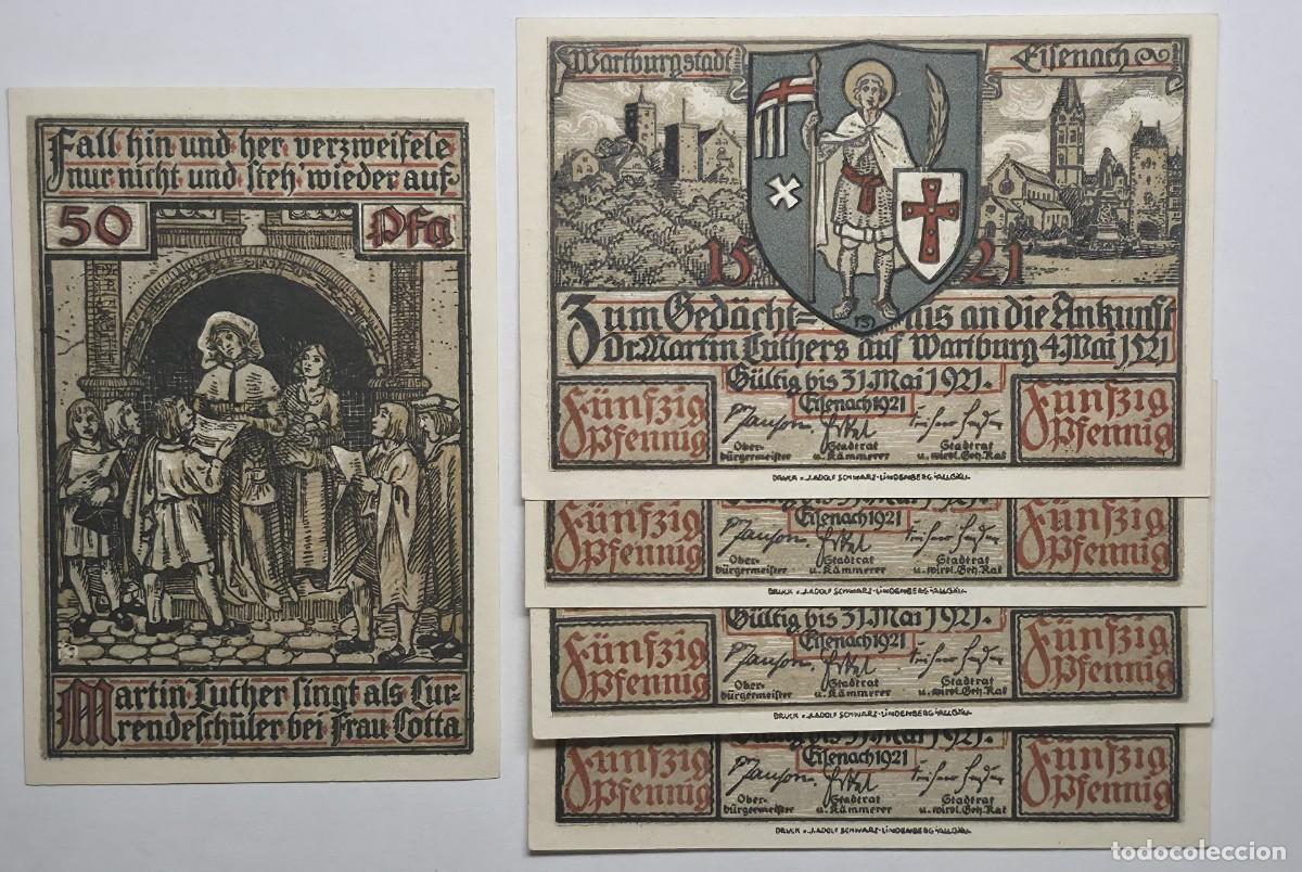 Billetes extranjeros: SERIE 5 BILLETES NOTGELD, EISENACH 1921 CONMEMORACION 400 ANIVERSARIO LLEGADA MARTIN LUTERO CASTILLO