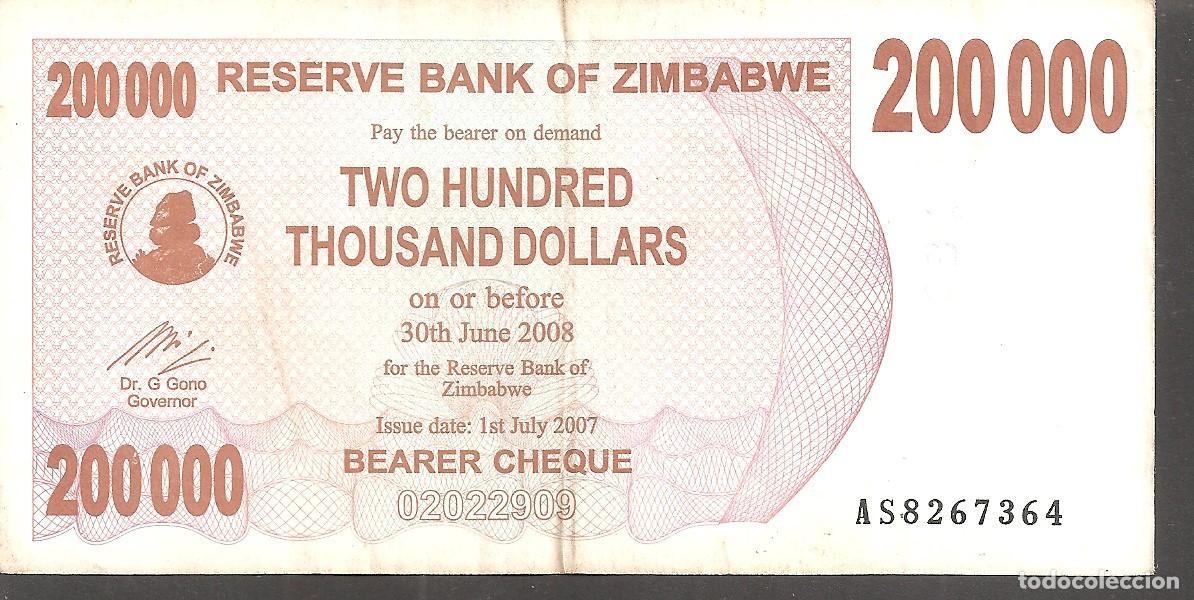 Billetes extranjeros: Billete ZIMBABWE 200000 DOLLARS 2007 BEARER CHEQUE