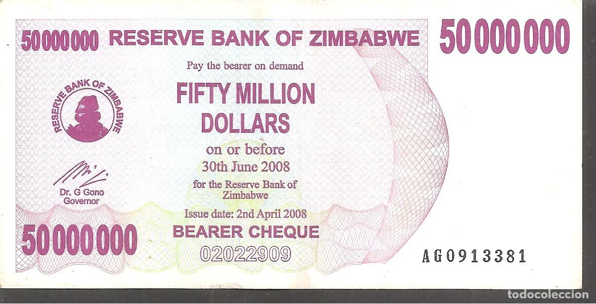 Billetes extranjeros: Billete ZIMBABWE 50000000 DOLLARS 2008 BEARER CHEQUE 50 MILLONES