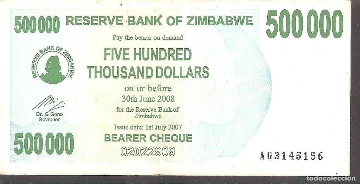 Billetes extranjeros: Billete ZIMBABWE 500000 DOLLARS 2007 BEARER CHEQUE