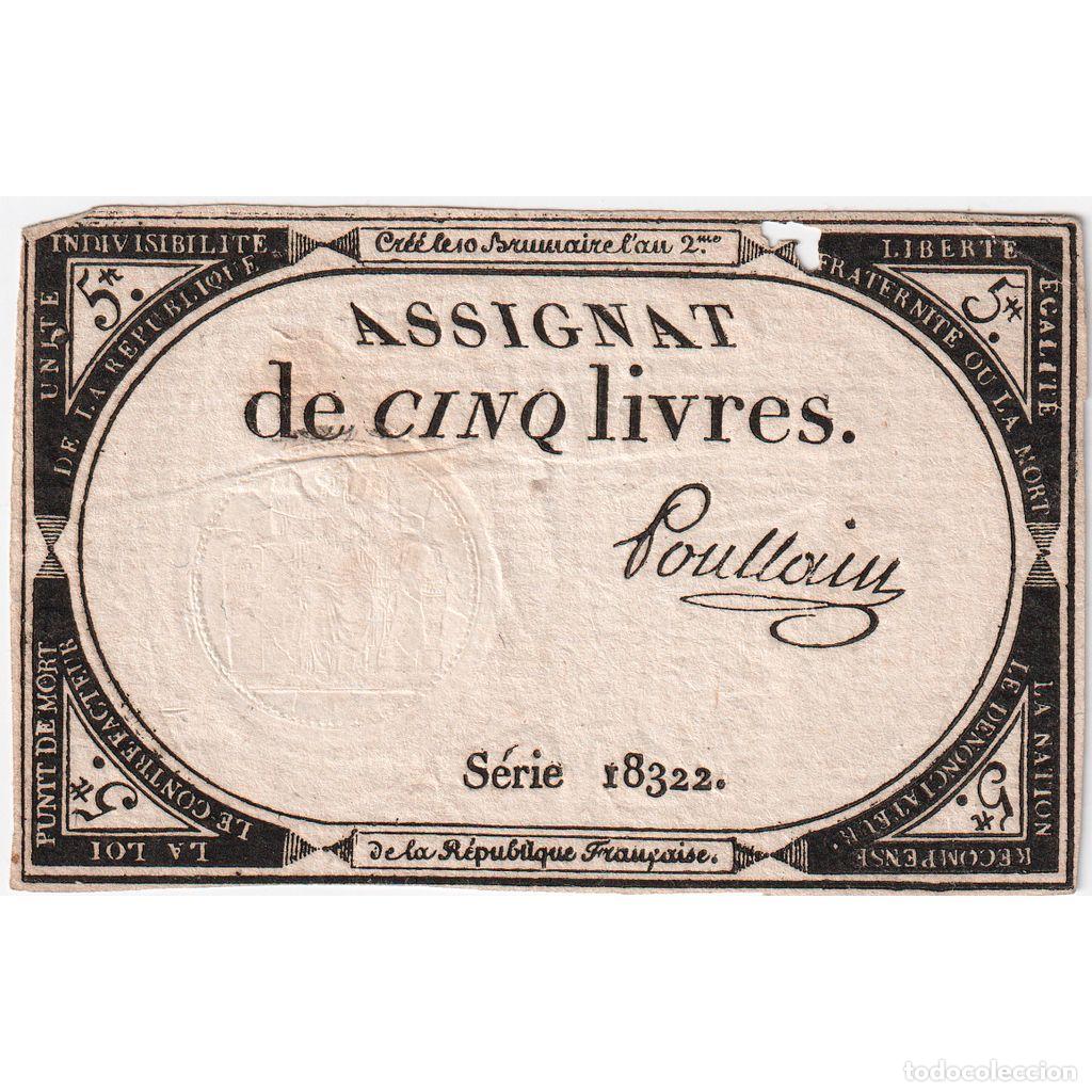 Billetes extranjeros: [#337099] Francia, 5 Livres, 1793, SERIE 18322, BC