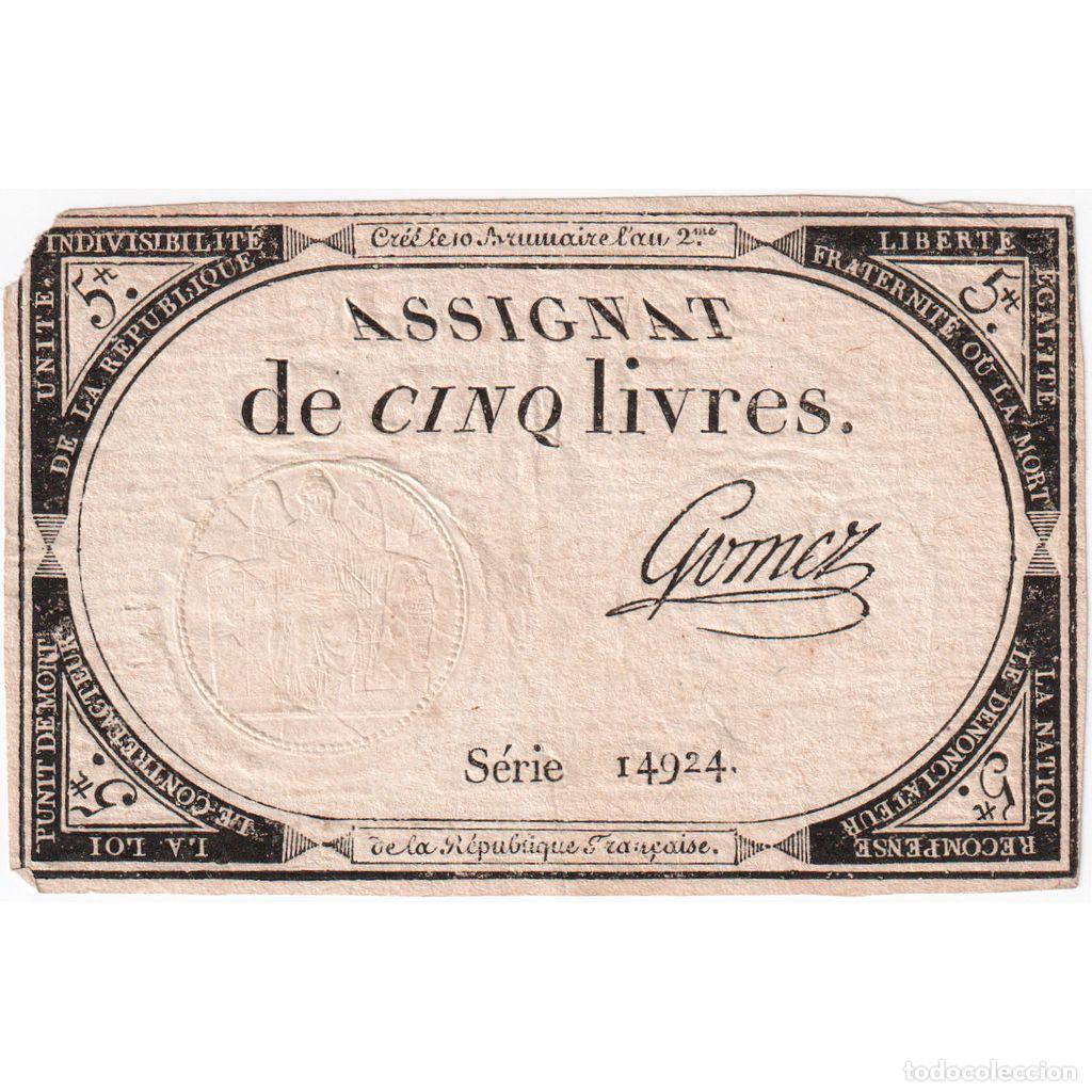 Billetes extranjeros: [#337102] Francia, 5 Livres, 1793, SERIE 14924, BC+