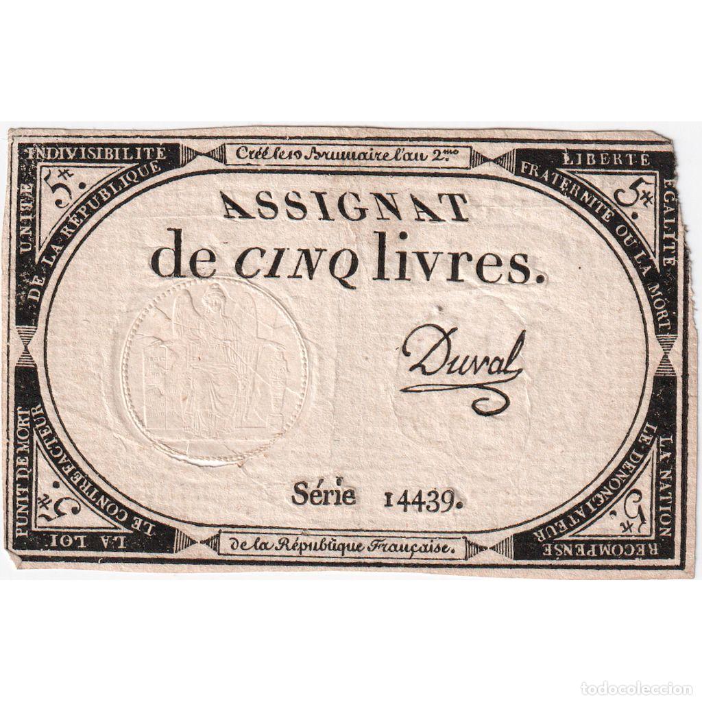 Billetes extranjeros: [#337107] Francia, 5 Livres, 1793, SERIE 14439, MBC