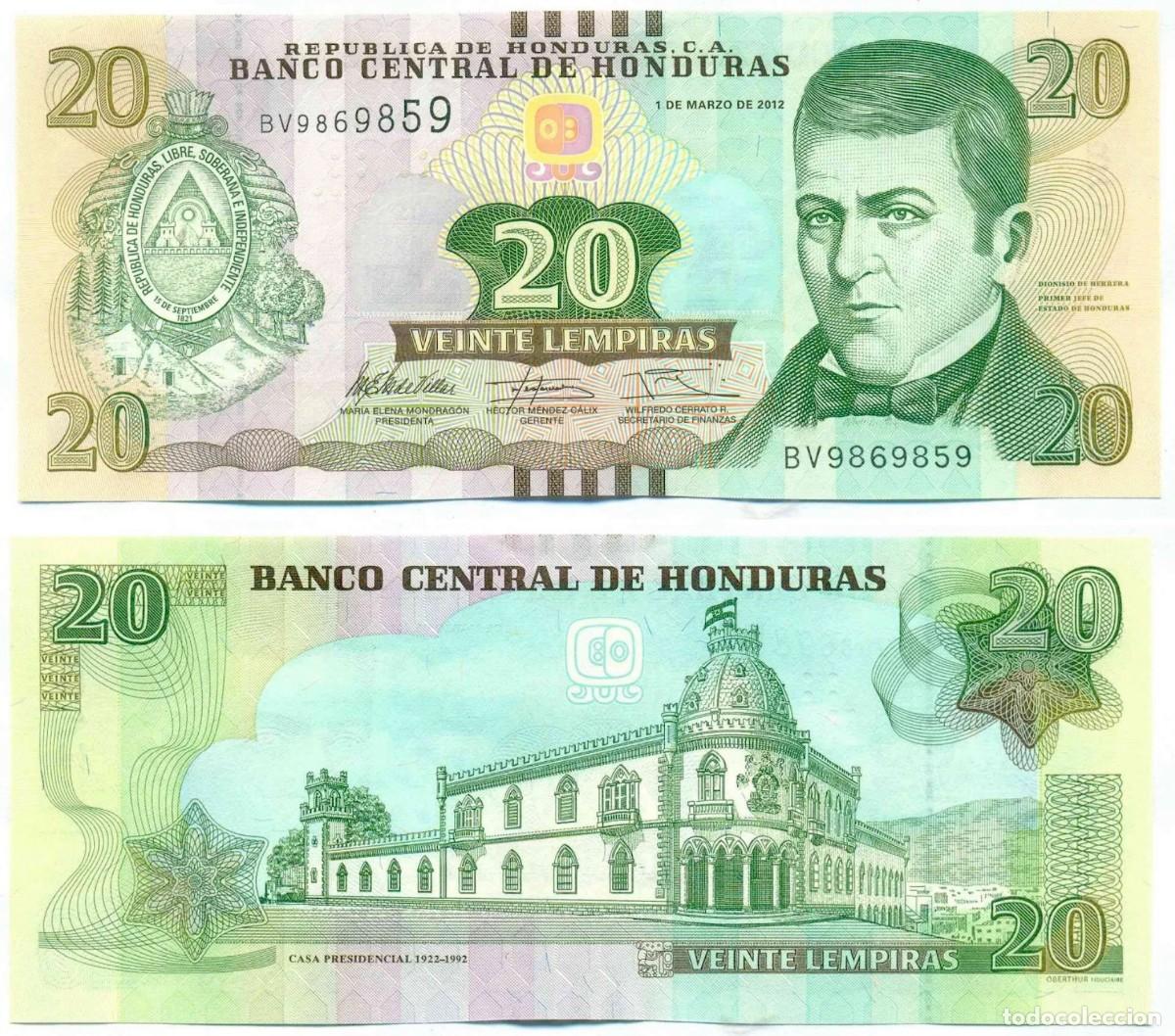 Billetes extranjeros: Honduras 20 Lempiras 2012 Pick 100a s/n BV9869857 Sin Circular (el billete de la foto)