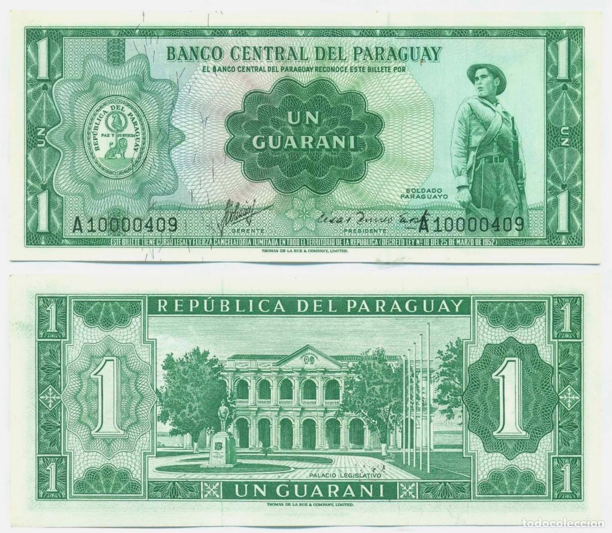 Billetes extranjeros: Paraguay 1 Guaran&iacute; 1952 Pick 193a s/n A10000409 Sin Circular (el billete de la foto)