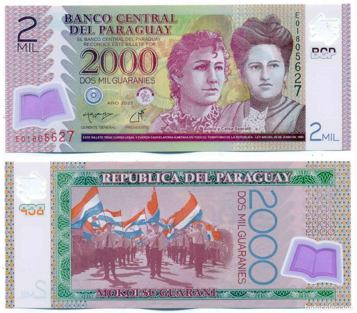Billetes extranjeros: Paraguay 2000 Guaran&iacute;es 2023 Pick 228e s/n E01805627 Pol&iacute;mero Sin Circular (el billete de la foto)