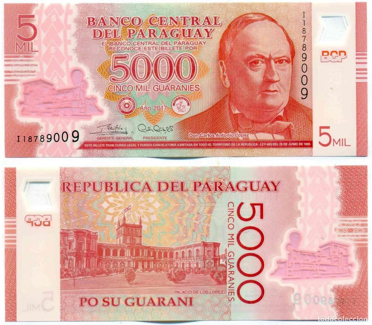 Billetes extranjeros: Paraguay 5000 Guaran&iacute;es 2017 Pick 234c s/n I18789009 Pol&iacute;mero Sin Circular (el billete de la foto)
