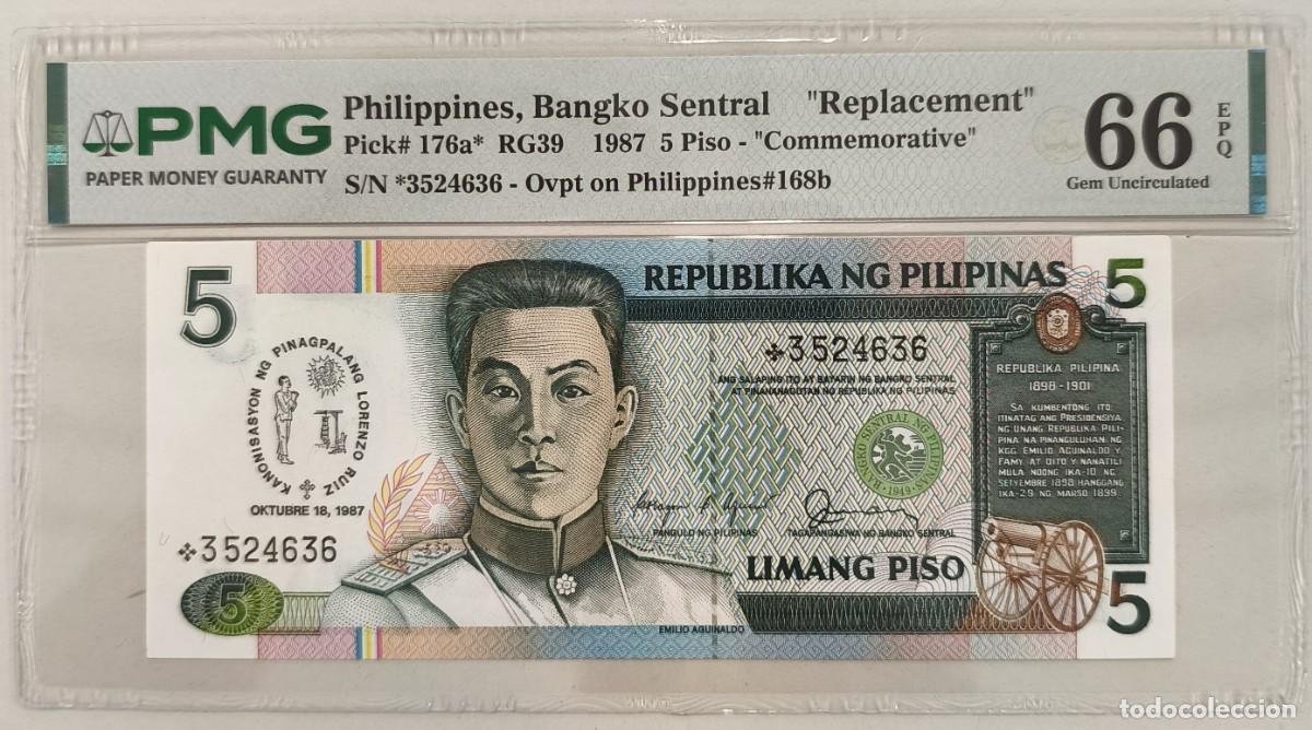 Billetes extranjeros: Billete Filipinas 5 Piso 1987 Pick 176a PMG 66 EPQ Gem Uncirculated S/N: 3524636