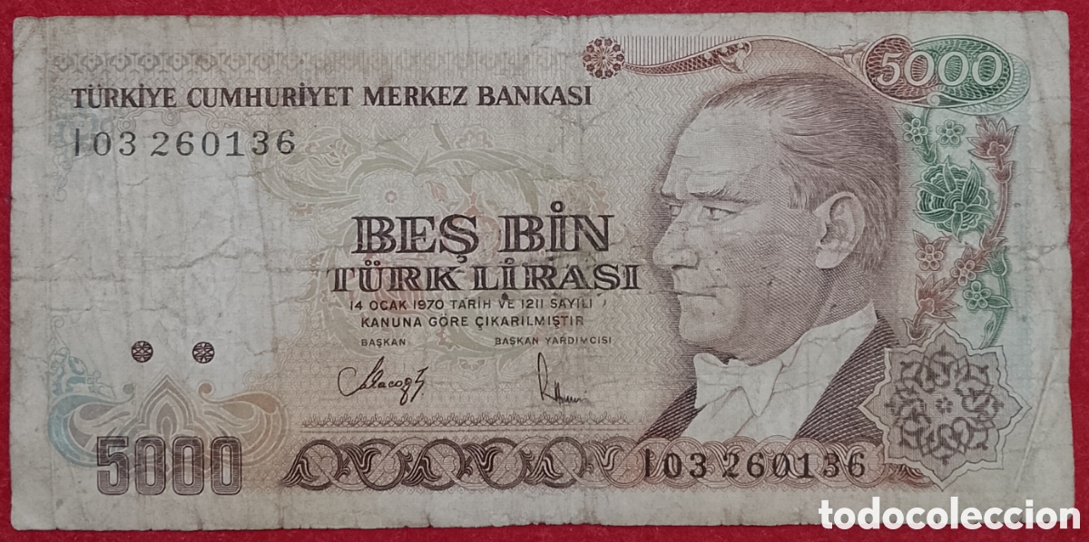 Billetes extranjeros: Billete de Turqu&iacute;a 5000 liras Pick P#198 1970