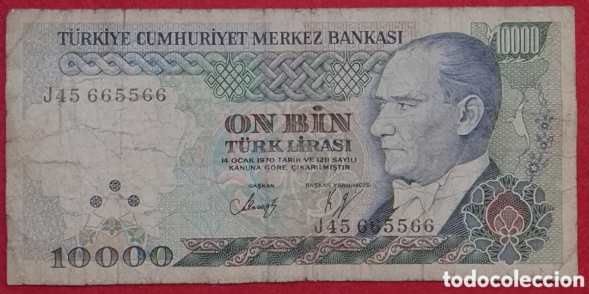Billetes extranjeros: Billete de Turqu&iacute;a 10000 liras Pick P#200 1970
