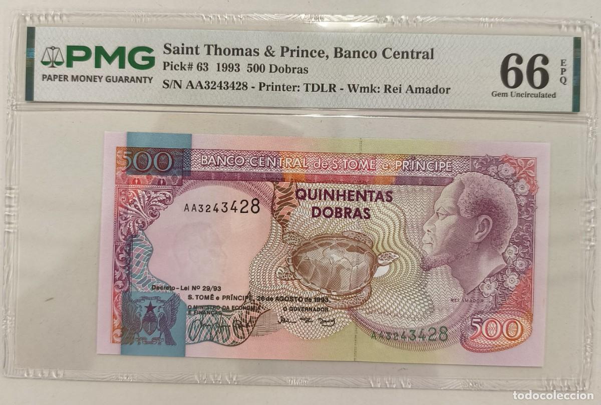 Billetes extranjeros: Billete Santo Tome y Principe 500 Dobras 1993 Pick 63 PMG 66 EPQ Gem Uncirculated S/N: AA3243428