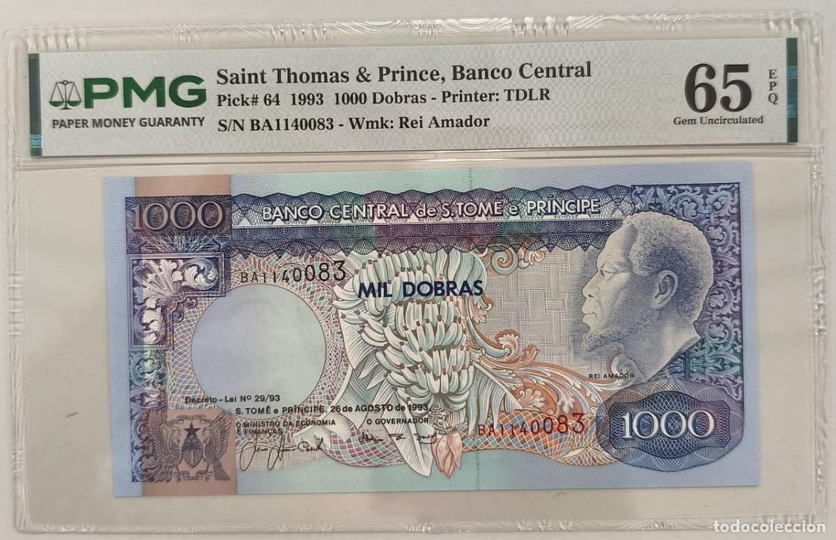Billetes extranjeros: Billete Santo Tom&eacute; y Pr&iacute;ncipe 1000 Dobras 1993 Pick 64 PMG 65 EPQ Gem Uncirculated S/N: BA1140083