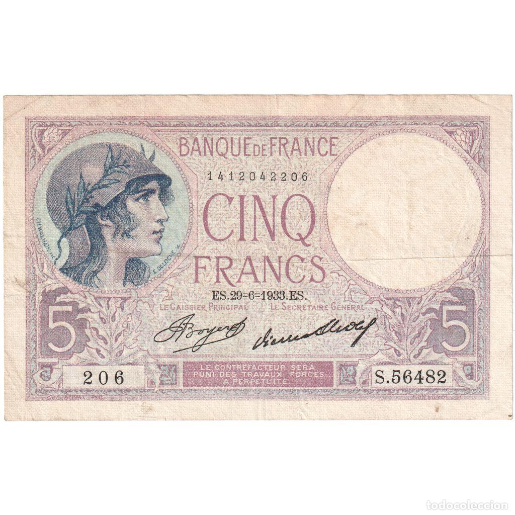 Billetes extranjeros: [#337078] Francia, 5 Francs, Violet, 1933-06-29, S.56482, BC+