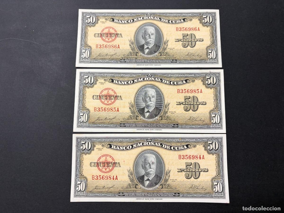 Billetes extranjeros: TR&Iacute;O DE BILLETES CORRELATIVOS. 50 PESOS. CUBA. 1958. PLANCHA. VER FOTOS
