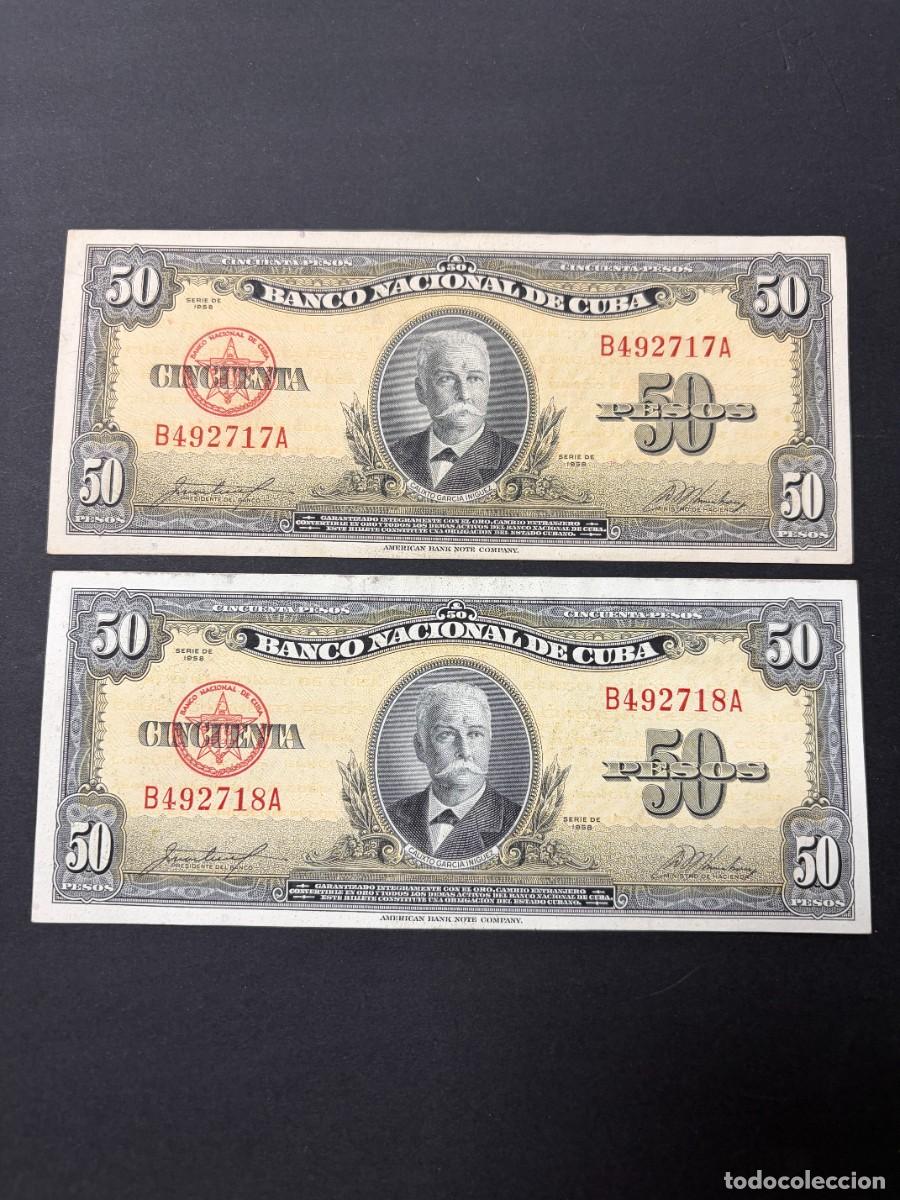 Billetes extranjeros: PAREJA DE BILLETES CORRELATIVOS. 50 PESOS. CUBA. 1958. PLANCHA. VER FOTOS