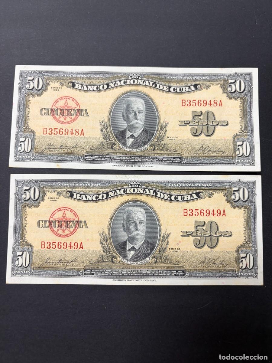 Billetes extranjeros: PAREJA DE BILLETES CORRELATIVOS. 50 PESOS. CUBA. 1958. PLANCHA. VER FOTOS