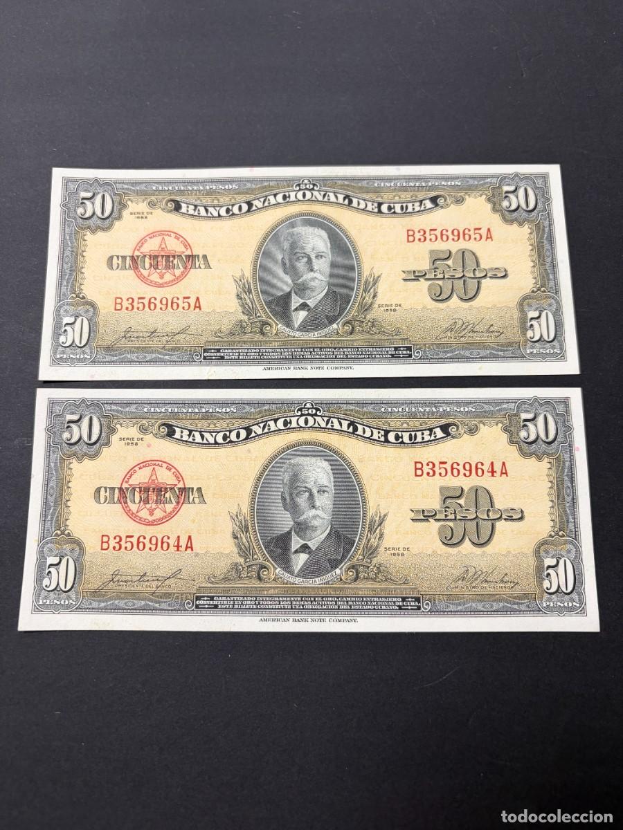 Billetes extranjeros: PAREJA DE BILLETES CORRELATIVOS. 50 PESOS. CUBA. 1958. PLANCHA. VER FOTOS