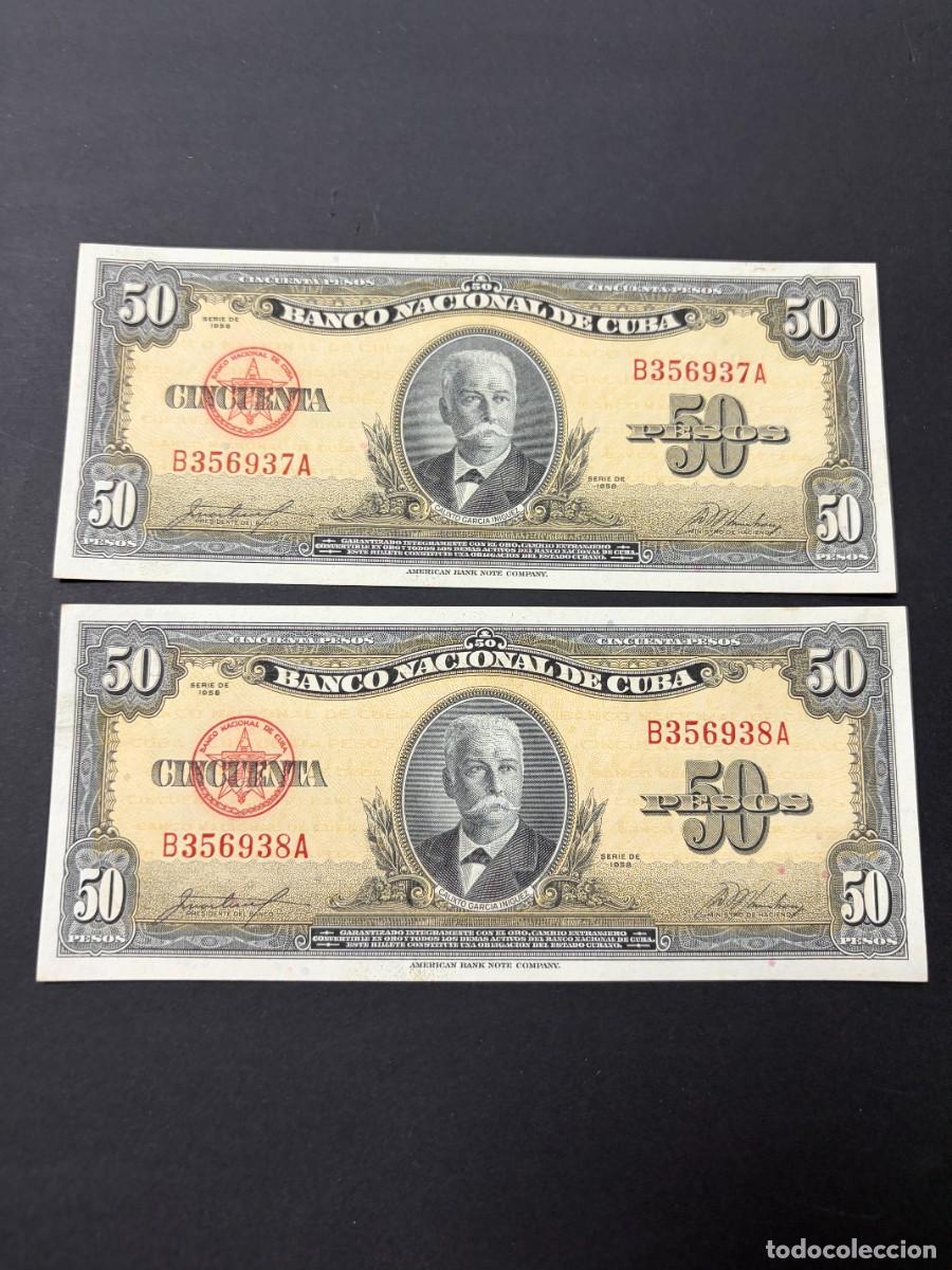 Billetes extranjeros: PAREJA DE BILLETES CORRELATIVOS. 50 PESOS. CUBA. 1958. PLANCHA. VER FOTOS