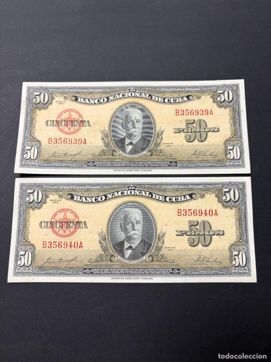 Billetes extranjeros: PAREJA DE BILLETES CORRELATIVOS. 50 PESOS. CUBA. 1958. PLANCHA. VER FOTOS