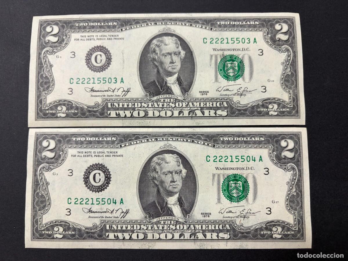 Billetes extranjeros: PAREJA DE BILLETES CORRELATIVOS. 2 D&Oacute;LARES. EEUU. 1976. PLANCHA. VER FOTOS