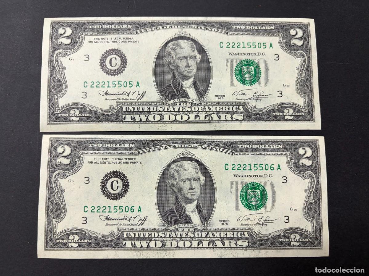Billetes extranjeros: PAREJA DE BILLETES CORRELATIVOS. 2 D&Oacute;LARES. EEUU. 1976. PLANCHA. VER FOTOS