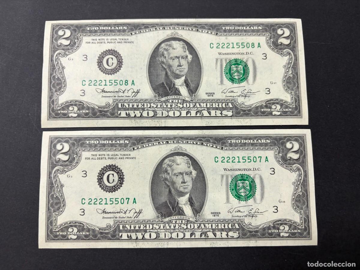 Billetes extranjeros: PAREJA DE BILLETES CORRELATIVOS. 2 D&Oacute;LARES. EEUU. 1976. PLANCHA. VER FOTOS